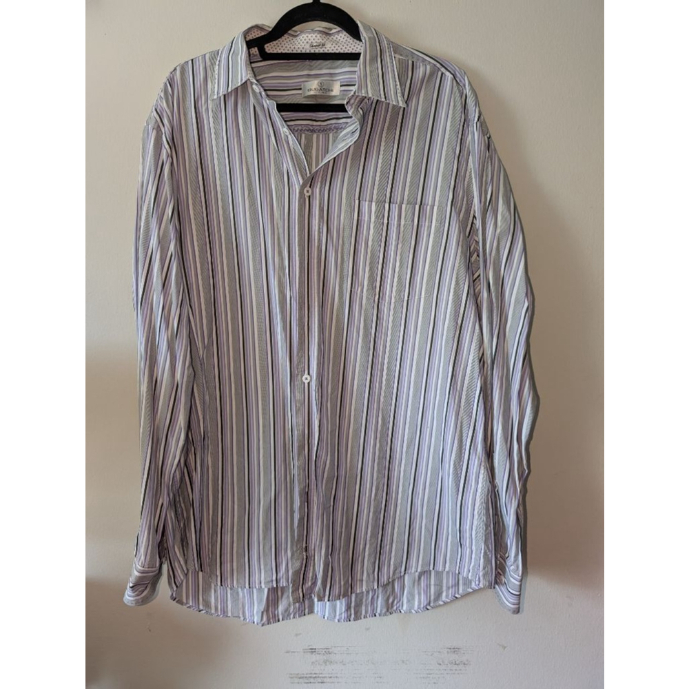 Men's Bugatchi 3XL Purple Grey White Striped Casual Button Down Shirt